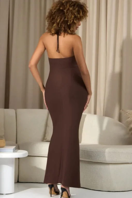 Perrie | Chocolate Brown Halter-Neck Maternity Maxi Dress