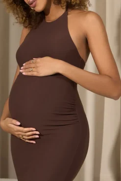 Perrie | Chocolate Brown Halter-Neck Maternity Maxi Dress