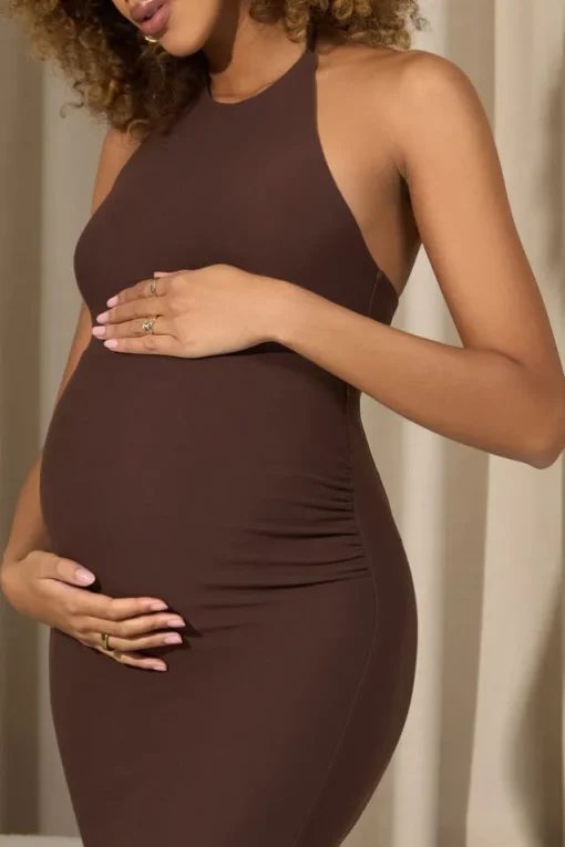 Perrie | Chocolate Brown Halter-Neck Maternity Maxi Dress