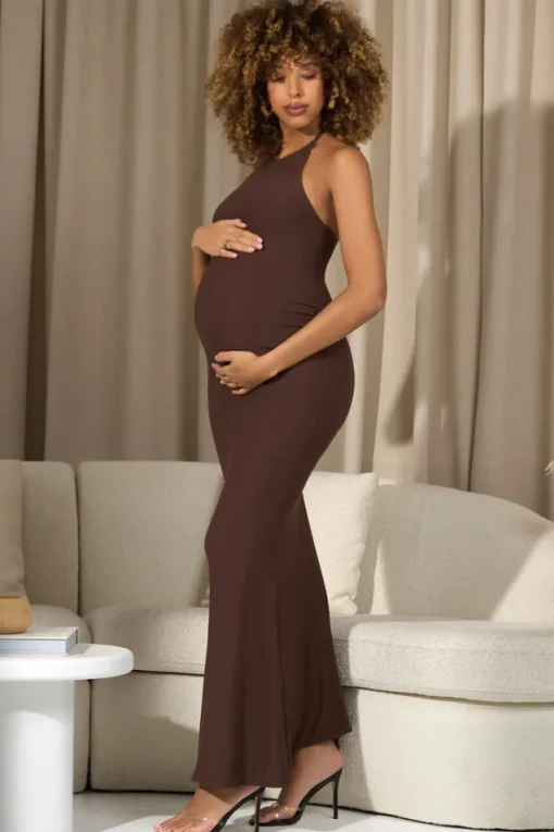 Perrie | Chocolate Brown Halter-Neck Maternity Maxi Dress