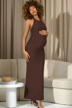 Perrie | Chocolate Brown Halter-Neck Maternity Maxi Dress