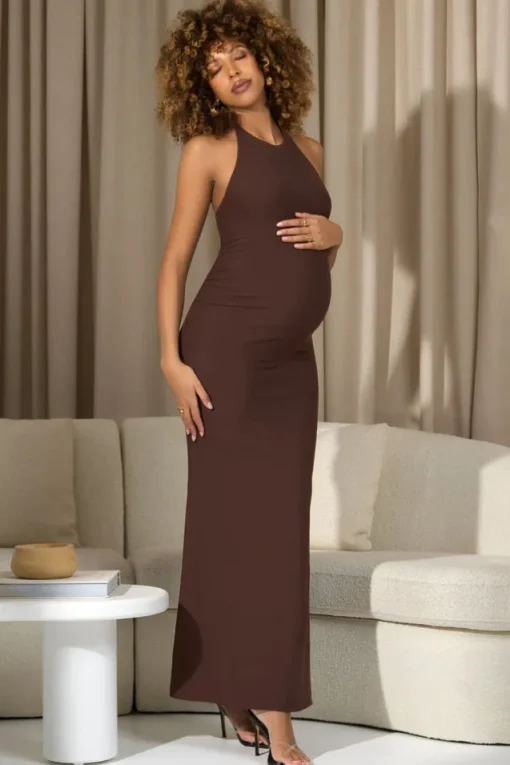 Perrie | Chocolate Brown Halter-Neck Maternity Maxi Dress
