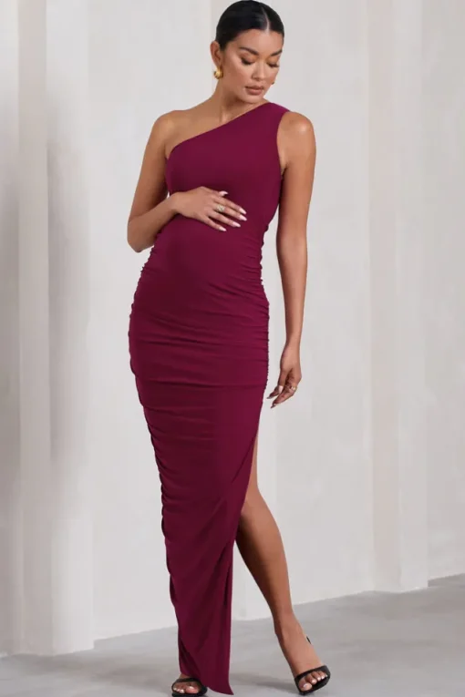Persia | Berry One-Shoulder Side Split Ruched Maternity Maxi Dress
