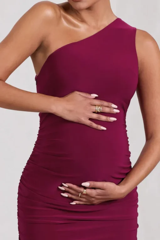 Persia | Berry One-Shoulder Side Split Ruched Maternity Maxi Dress