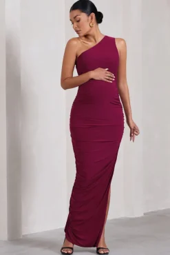 Persia | Berry One-Shoulder Side Split Ruched Maternity Maxi Dress