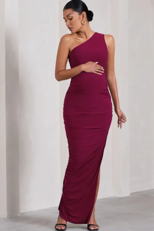 Persia | Berry One-Shoulder Side Split Ruched Maternity Maxi Dress