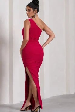 Persia | Red One Shoulder Side Split Ruched Maxi Dress