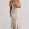 Petunia | Champagne Satin Floral Bardot Midi Dress