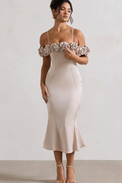 Petunia | Champagne Satin Floral Bardot Midi Dress