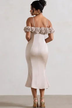 Petunia | Champagne Satin Floral Bardot Midi Dress