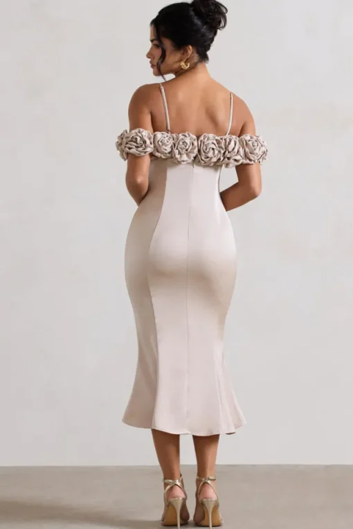 Petunia | Champagne Satin Floral Bardot Midi Dress