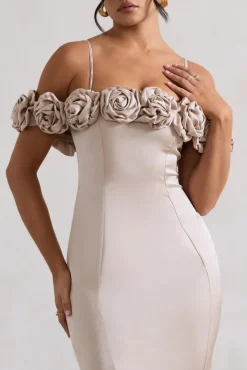 Petunia | Champagne Satin Floral Bardot Midi Dress