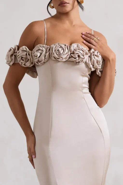 Petunia | Champagne Satin Floral Bardot Midi Dress