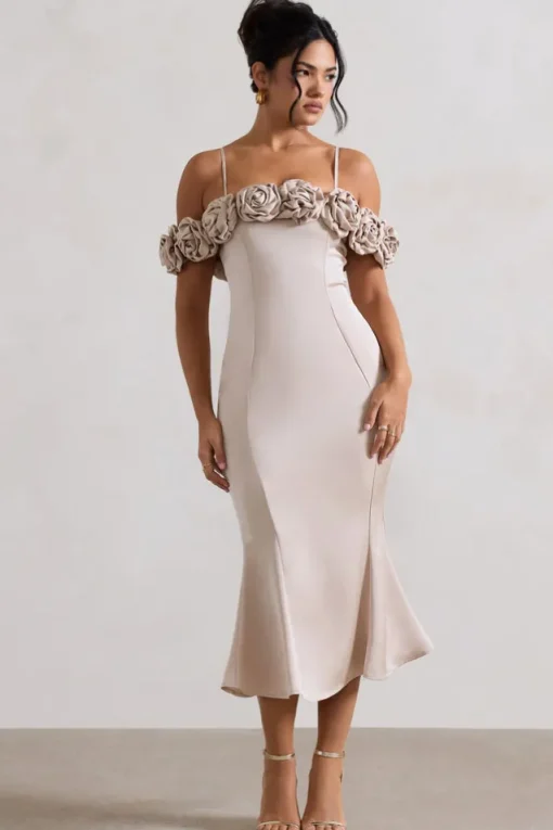 Petunia | Champagne Satin Floral Bardot Midi Dress