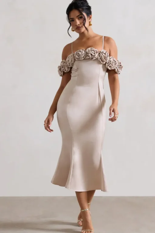 Petunia | Champagne Satin Floral Bardot Midi Dress