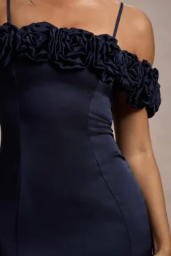 Petunia | Navy Satin Floral Bardot Midi Dress