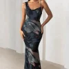Phantasy | Black Abstract Print Asymmetric Neckline Cowl Maxi Dress