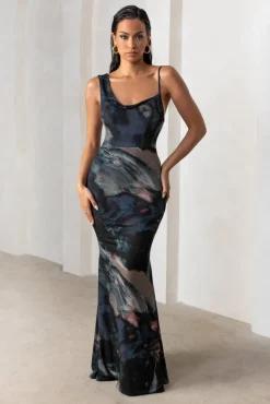 Phantasy | Black Abstract Print Asymmetric Neckline Cowl Maxi Dress
