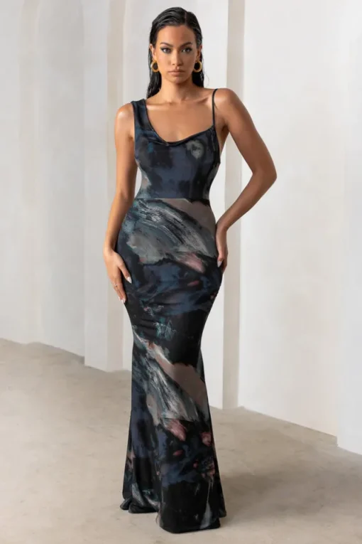 Phantasy | Black Abstract Print Asymmetric Neckline Cowl Maxi Dress