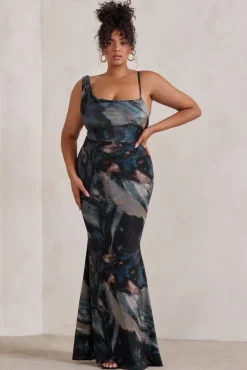 Phantasy | Black Abstract Print Asymmetric Neckline Cowl Maxi Dress