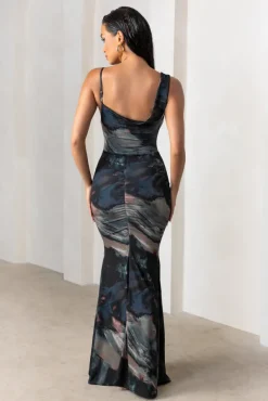 Phantasy | Black Abstract Print Asymmetric Neckline Cowl Maxi Dress