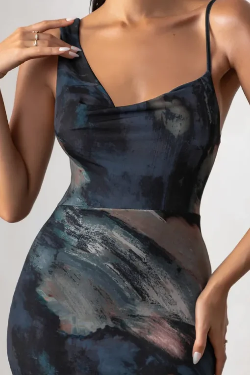 Phantasy | Black Abstract Print Asymmetric Neckline Cowl Maxi Dress