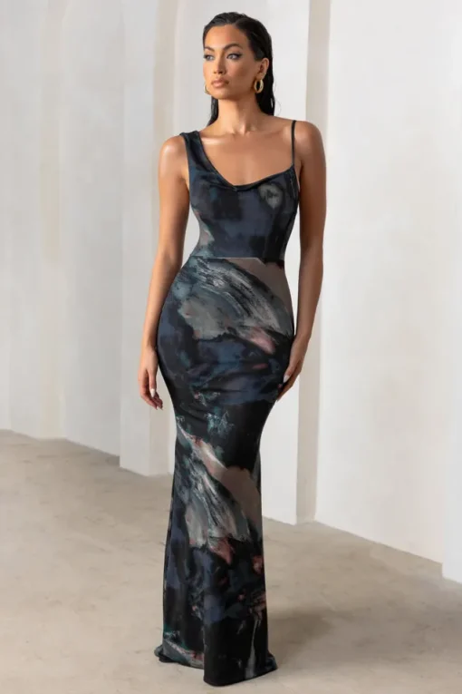 Phantasy | Black Abstract Print Asymmetric Neckline Cowl Maxi Dress