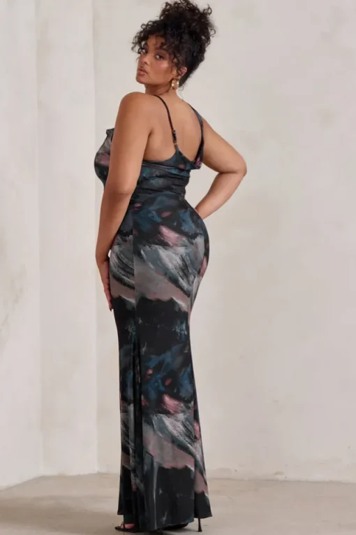 Phantasy | Black Abstract Print Asymmetric Neckline Cowl Maxi Dress