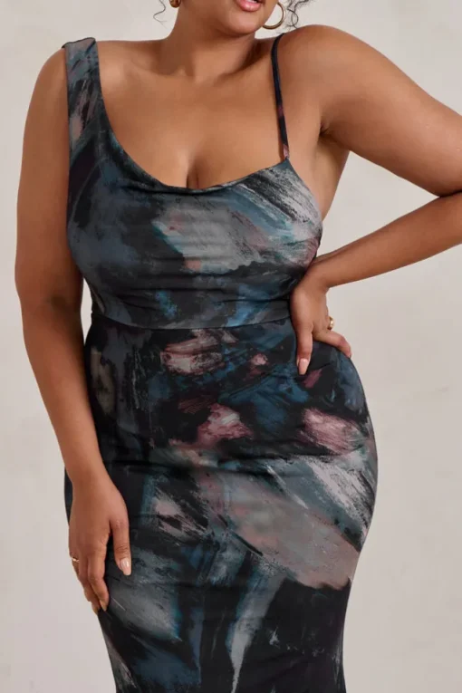 Phantasy | Black Abstract Print Asymmetric Neckline Cowl Maxi Dress