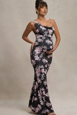 Phantasy | Black Floral Maternity Cowl Neck Maxi Dress