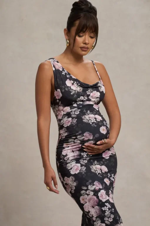 Phantasy | Black Floral Maternity Cowl Neck Maxi Dress
