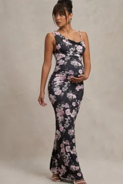 Phantasy | Black Floral Maternity Cowl Neck Maxi Dress
