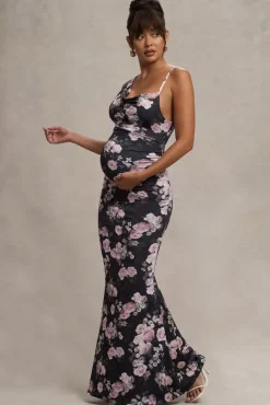 Phantasy | Black Floral Maternity Cowl Neck Maxi Dress