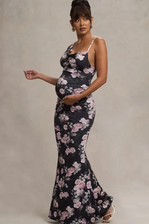 Phantasy | Black Floral Maternity Cowl Neck Maxi Dress