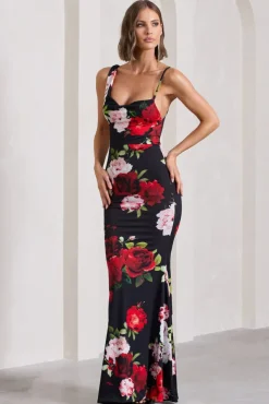 Phantasy | Black Floral Print Asymmetric Neckline Cowl Maxi Dress