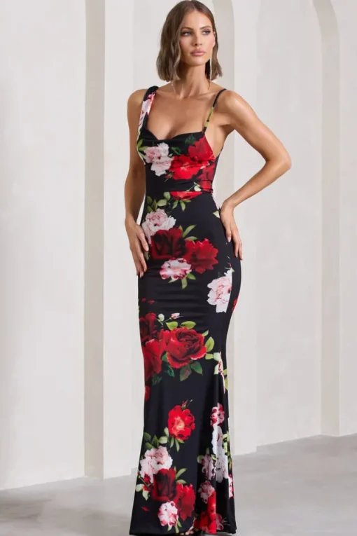 Phantasy | Black Floral Print Asymmetric Neckline Cowl Maxi Dress