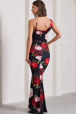 Phantasy | Black Floral Print Asymmetric Neckline Cowl Maxi Dress
