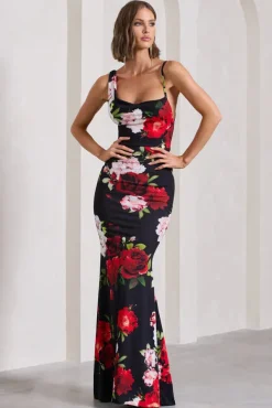 Phantasy | Black Floral Print Asymmetric Neckline Cowl Maxi Dress