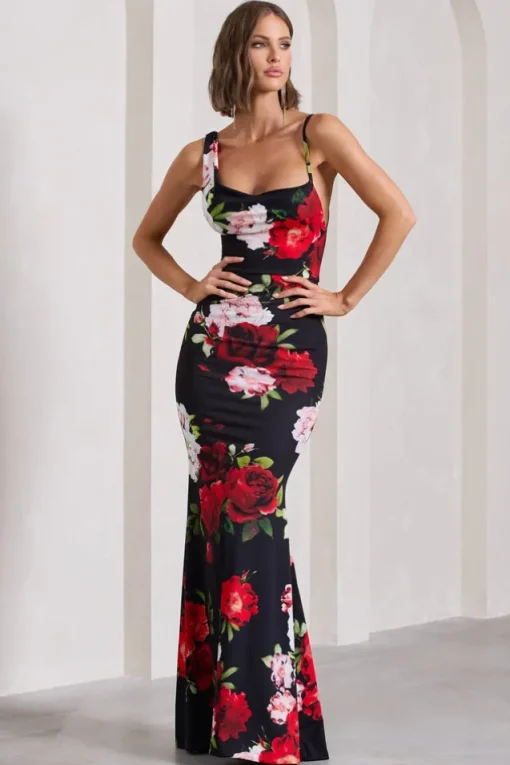 Phantasy | Black Floral Print Asymmetric Neckline Cowl Maxi Dress