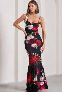 Phantasy | Black Floral Print Asymmetric Neckline Cowl Maxi Dress