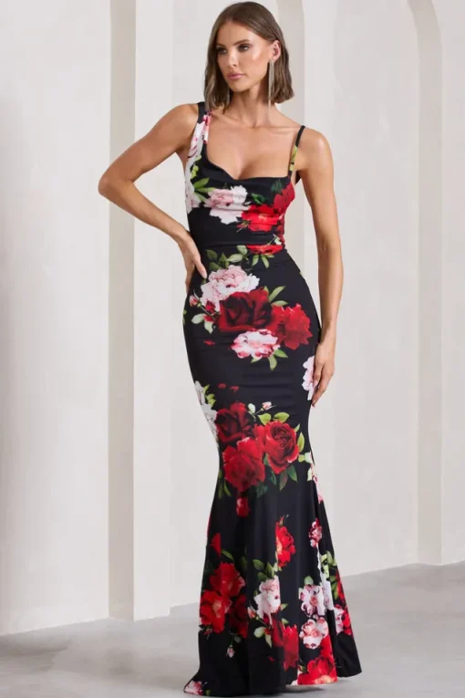 Phantasy | Black Floral Print Asymmetric Neckline Cowl Maxi Dress