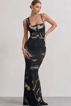 Phantasy | Dark Brown Print Asymmetric Neckline Cowl Maxi Dress