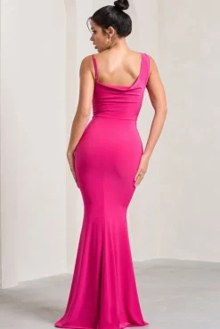 Phantasy | Hot Pink Asymmetric Neckline Cowl Maxi Dress