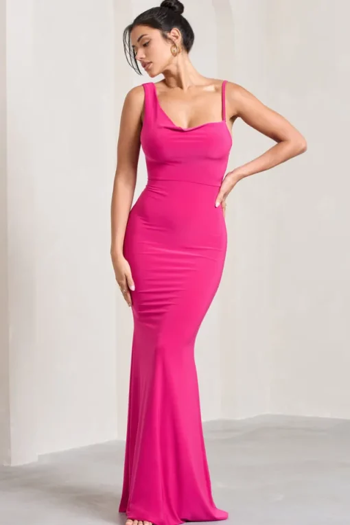 Phantasy | Hot Pink Asymmetric Neckline Cowl Maxi Dress
