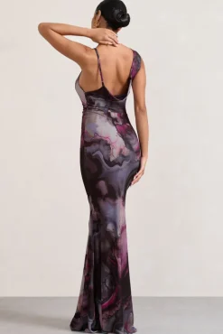 Phantasy | Marble Print Asymmetric Neckline Cowl Maxi Dress