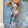 Phantasy | Multi Print Asymmetric Neckline Cowl Maxi Dress