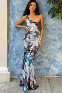Phantasy | Multi Print Asymmetric Neckline Cowl Maxi Dress