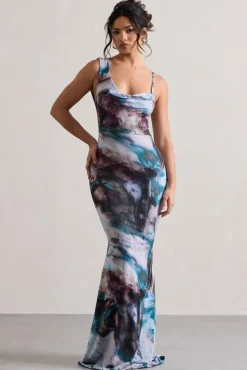 Phantasy | Multi Print Asymmetric Neckline Cowl Maxi Dress