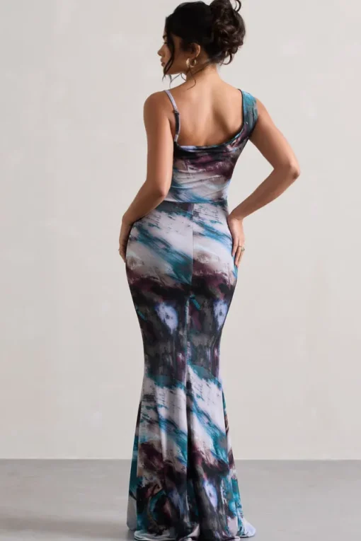 Phantasy | Multi Print Asymmetric Neckline Cowl Maxi Dress