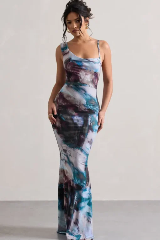 Phantasy | Multi Print Asymmetric Neckline Cowl Maxi Dress
